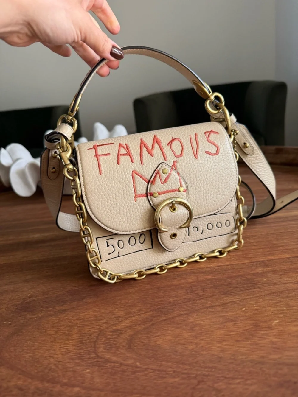 COACH X BASQUIAT Cream Leather Crossbody Bag with Gold Chain - Picture 4 of 6